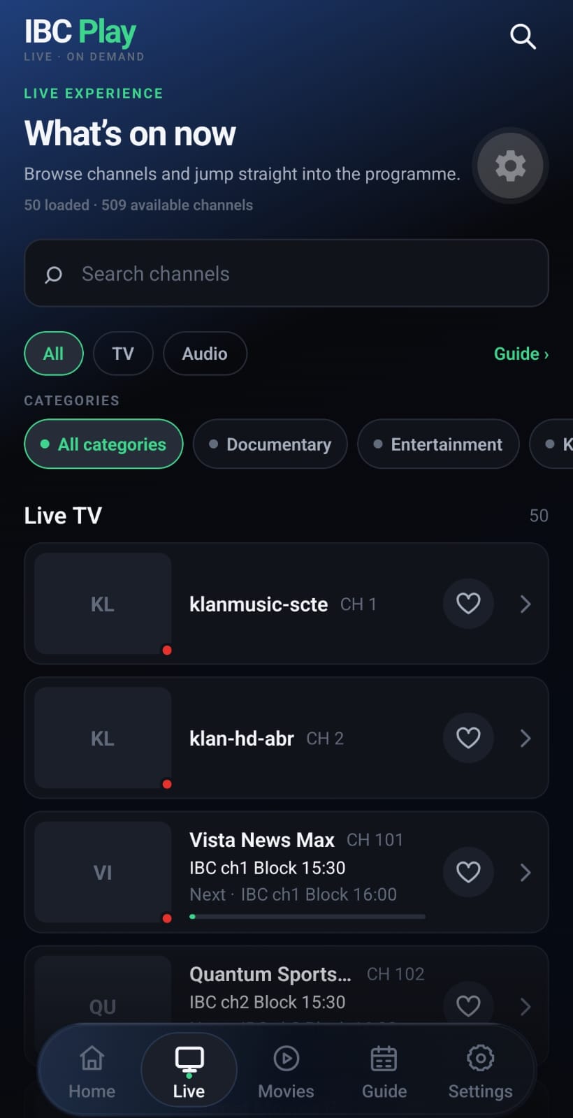 IBC Play demo mobile app Live TV screen